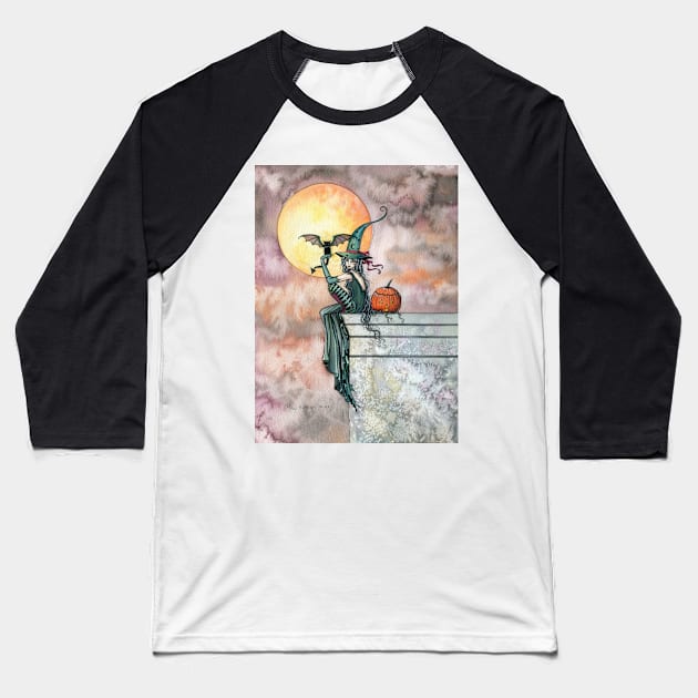 Batty Cat Witch Halloween Fantasy Art by Molly Harrison Baseball T-Shirt by robmolily